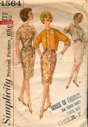 4564 SIMPLICITY KIMONO SLEEVE JACKET, SHORT SLEEVE SLIM DRESS 60S PATTERN 11 31.5''B, MS 14 34
